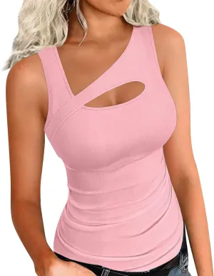 Oplxuo Womens Summer Cutout Tank Tops Asymmetric Neck Sleeveless Shirts Ribbed Tanks Slim Fitted Y2K Sexy Basic Tee Shirts