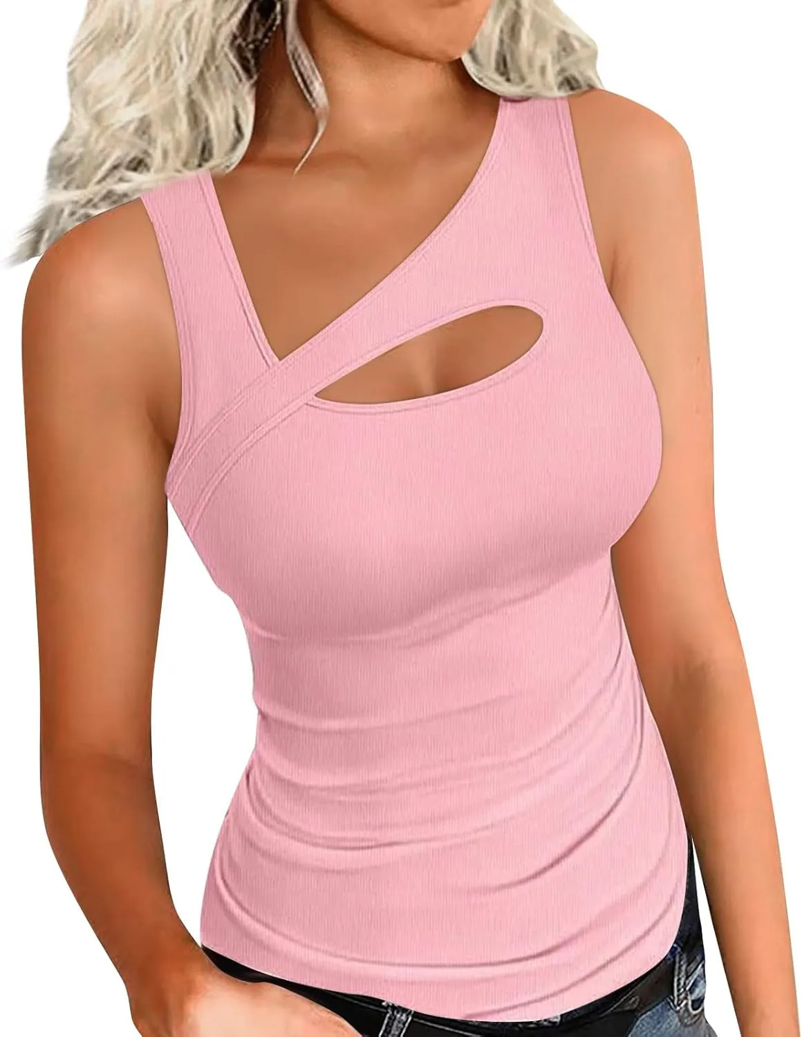 Oplxuo Womens Summer Cutout Tank Tops Asymmetric Neck Sleeveless Shirts Ribbed Tanks Slim Fitted Y2K Sexy Basic Tee Shirts