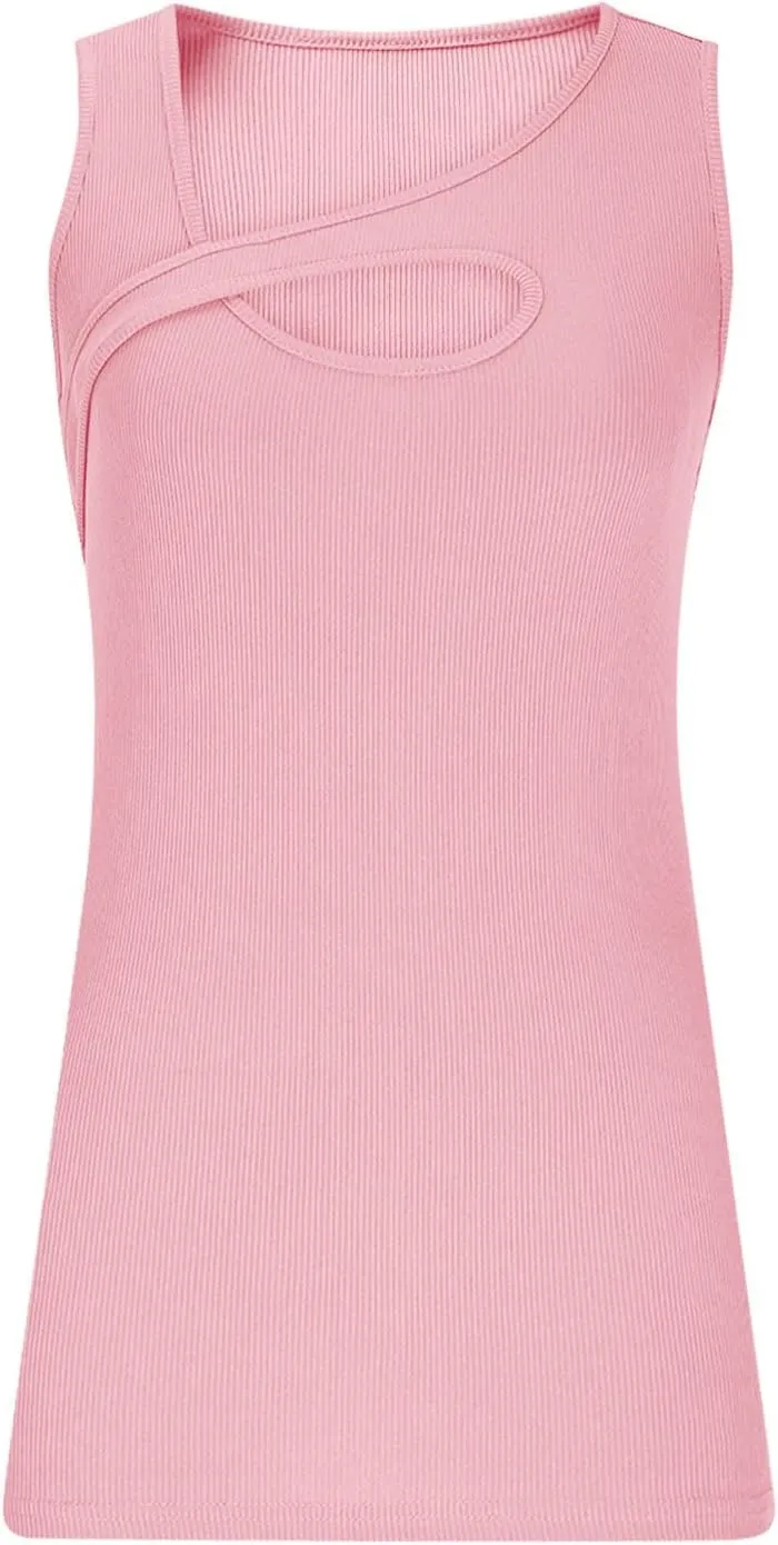 Oplxuo Womens Summer Cutout Tank Tops Asymmetric Neck Sleeveless Shirts Ribbed Tanks Slim Fitted Y2K Sexy Basic Tee Shirts