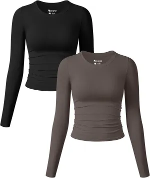 OQQ Womens 2 Piece Shirts Long Sleeve Crew Neck Ruched Stretch Basic Fitted Tee Shirts Tops
