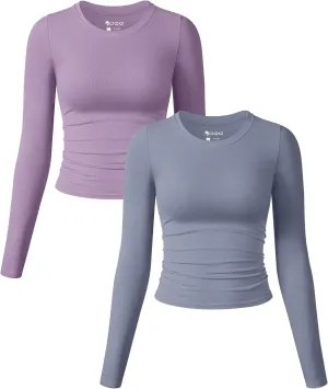 OQQ Womens 2 Piece Shirts Long Sleeve Crew Neck Ruched Stretch Basic Fitted Tee Shirts Tops