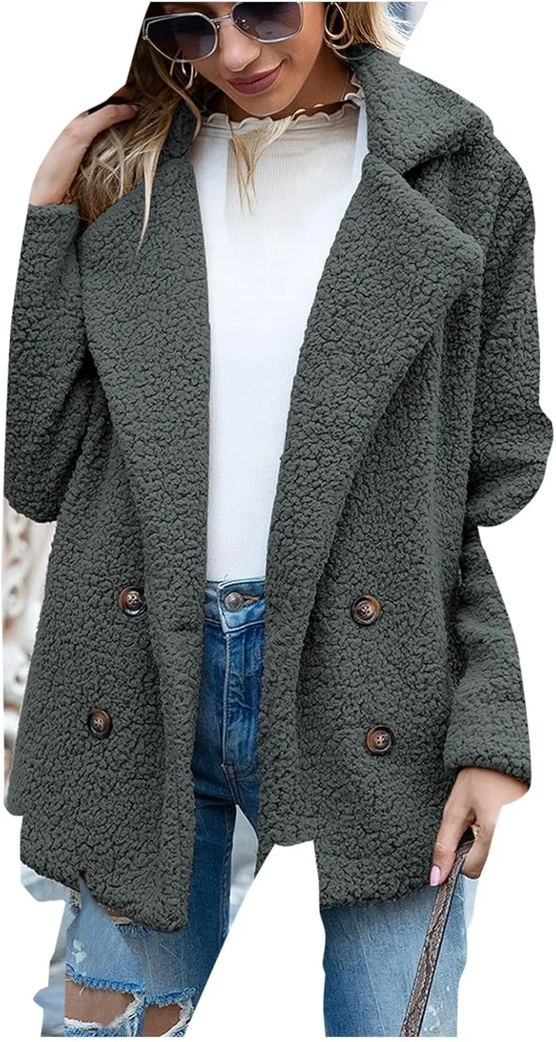 Oversized Fuzzy Fleece Jackets for Women Lapel Neck 2025 Parka Warm Pullovers Casual Loose Sweatshrits with Pockets