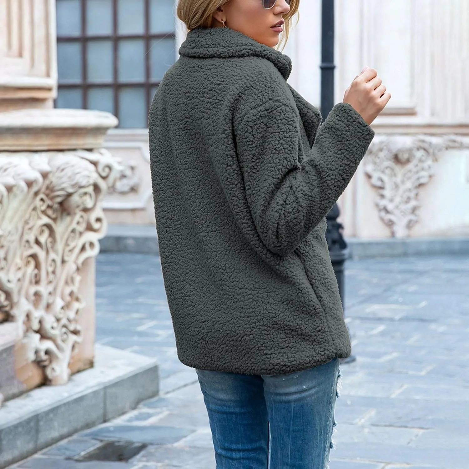 Oversized Fuzzy Fleece Jackets for Women Lapel Neck 2025 Parka Warm Pullovers Casual Loose Sweatshrits with Pockets