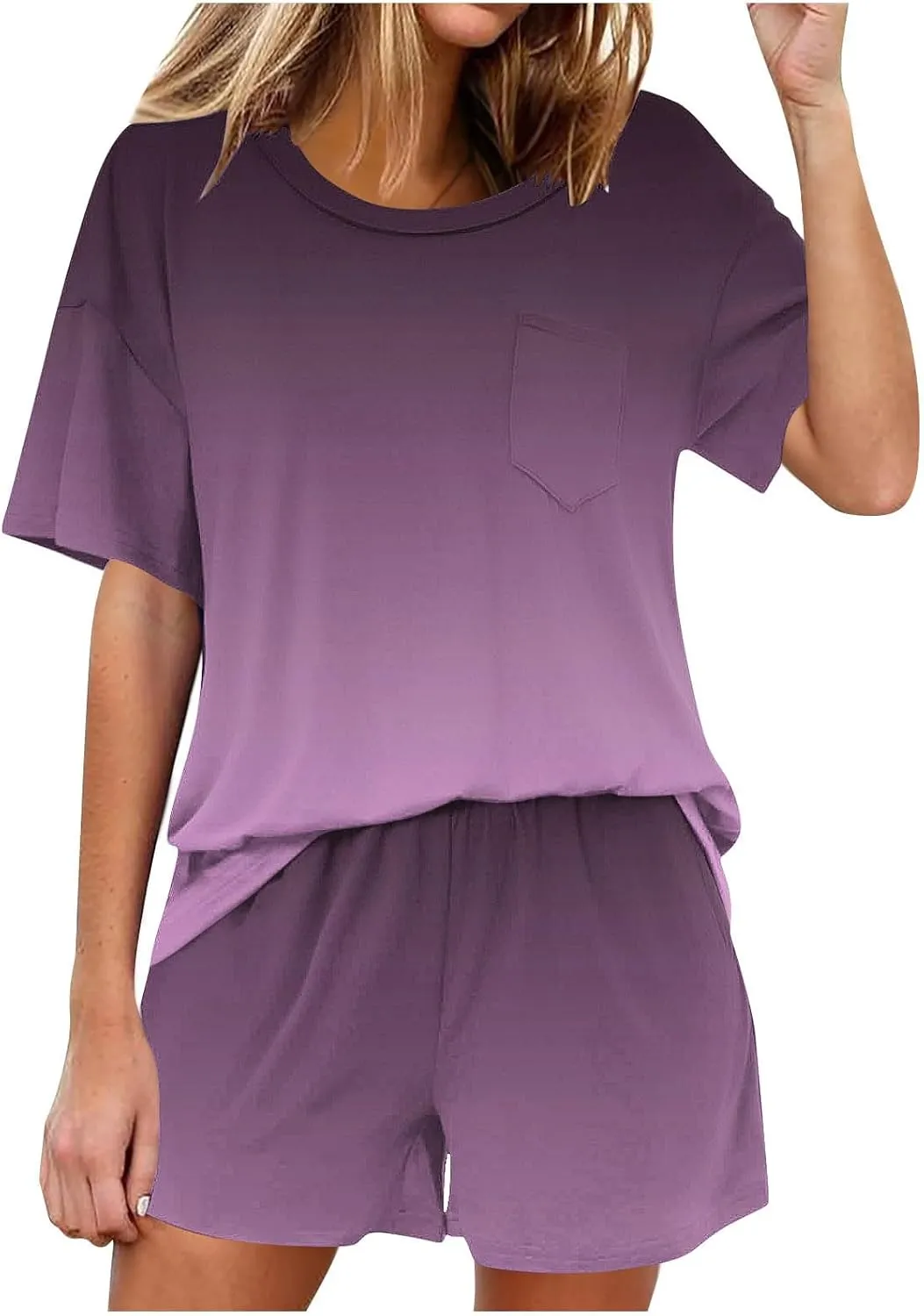Pajama Sets For Women 2 Piece Short Sleeve Soft Comfy Sleepwear Set Top With Shorts Loungewear With Pockets