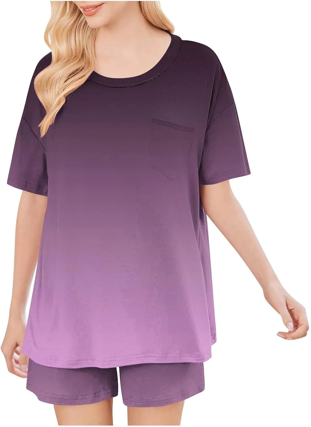 Pajama Sets For Women 2 Piece Short Sleeve Soft Comfy Sleepwear Set Top With Shorts Loungewear With Pockets