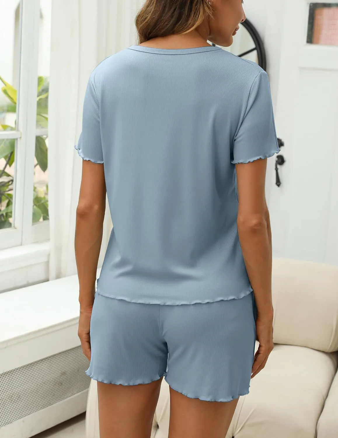 Pajamas Set Womens Ribbed Knit 2 Piece Pjs Short Sleeve Sleepwear Summer Casual Lounge Sets