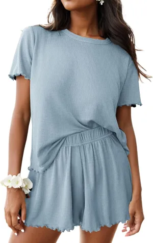 Pajamas Set Womens Ribbed Knit 2 Piece Pjs Short Sleeve Sleepwear Summer Casual Lounge Sets