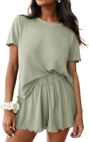 Pajamas Set Womens Ribbed Knit 2 Piece Pjs Short Sleeve Sleepwear Summer Casual Lounge Sets