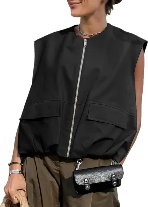 PAODIKUAI Women's Casual Zip Up Vest Cargo Ruched Hem Lightweight Sleeveless Blazer Oversized Jackets Top with Pockets