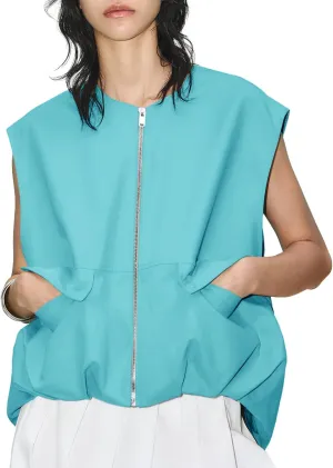 PAODIKUAI Women's Casual Zip Up Vest Cargo Ruched Hem Lightweight Sleeveless Blazer Oversized Jackets Top with Pockets