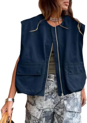 PAODIKUAI Women's Casual Zip Up Vest Cargo Ruched Hem Lightweight Sleeveless Blazer Oversized Jackets Top with Pockets