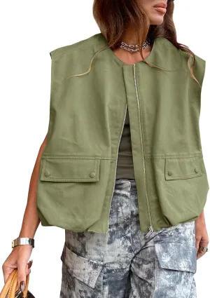 PAODIKUAI Women's Casual Zip Up Vest Cargo Ruched Hem Lightweight Sleeveless Blazer Oversized Jackets Top with Pockets