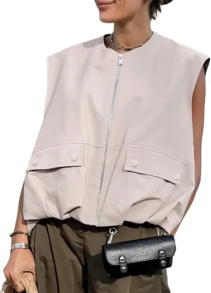 PAODIKUAI Women's Casual Zip Up Vest Cargo Ruched Hem Lightweight Sleeveless Blazer Oversized Jackets Top with Pockets