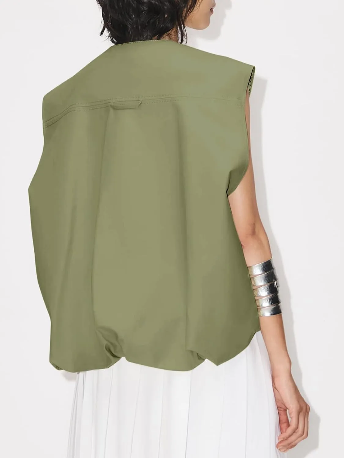 PAODIKUAI Women's Casual Zip Up Vest Cargo Ruched Hem Lightweight Sleeveless Blazer Oversized Jackets Top with Pockets