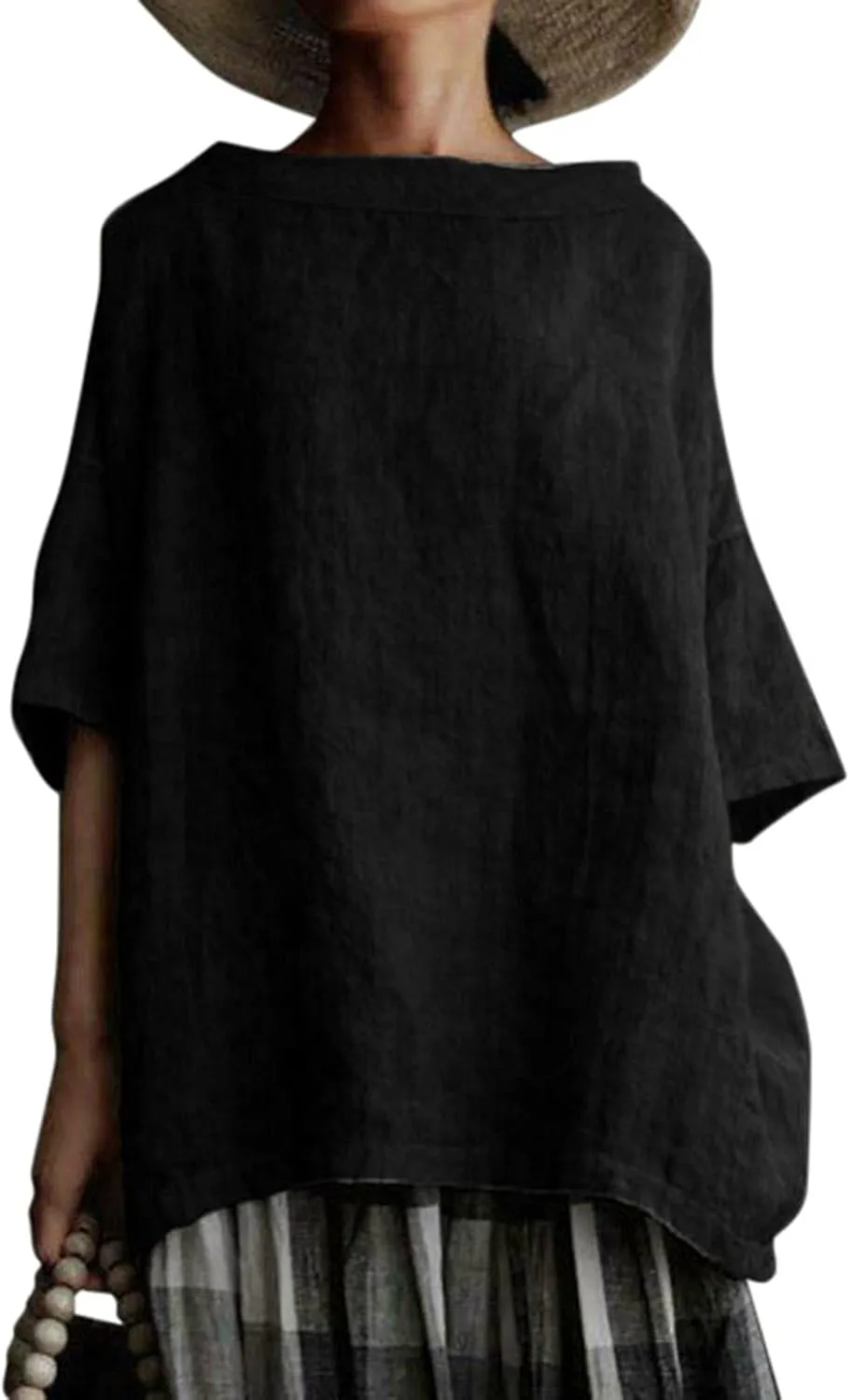 Plus Size Linen Shirts for Women Summer Short Sleeve Tops Cotton Plain T Shirts Oversized Basic Tee Loose Fit Blouse