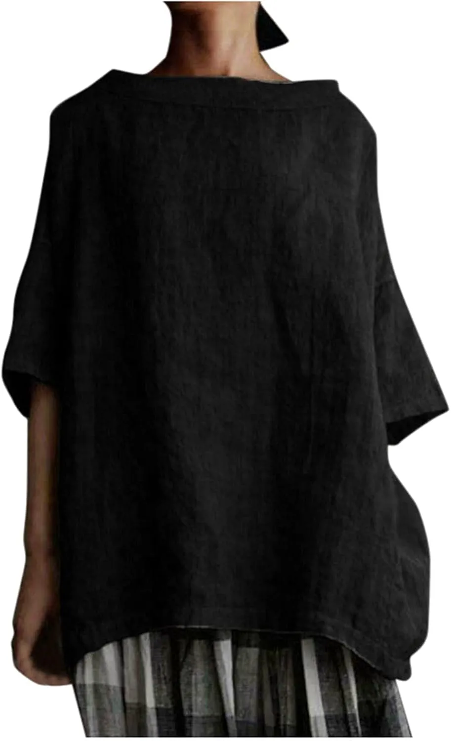 Plus Size Linen Shirts for Women Summer Short Sleeve Tops Cotton Plain T Shirts Oversized Basic Tee Loose Fit Blouse