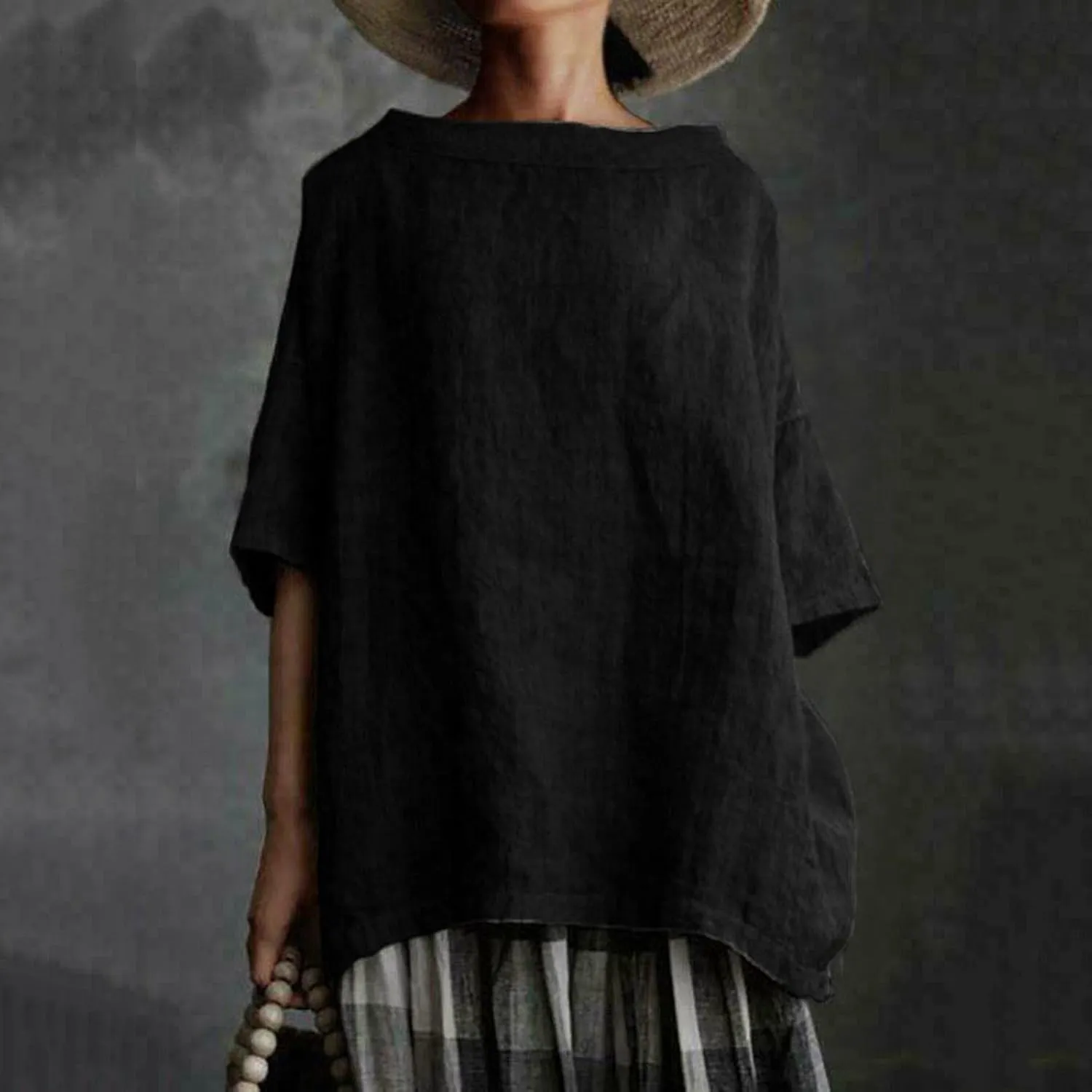 Plus Size Linen Shirts for Women Summer Short Sleeve Tops Cotton Plain T Shirts Oversized Basic Tee Loose Fit Blouse