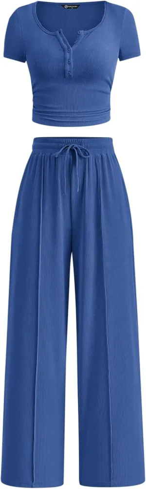 PRETTYGARDEN Womens 2 Piece Outfits 2025 Summer Ribbed Knit Button Short Sleeve Tops Casual Wide Leg Pants Lounge Sets