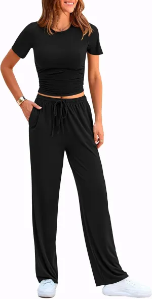 PRETTYGARDEN Women's 2 Piece Outfits Summer Tracksuit Lounge Sets Short Sleeve Crop Tops T Shirts High Waisted Wide Leg Pants