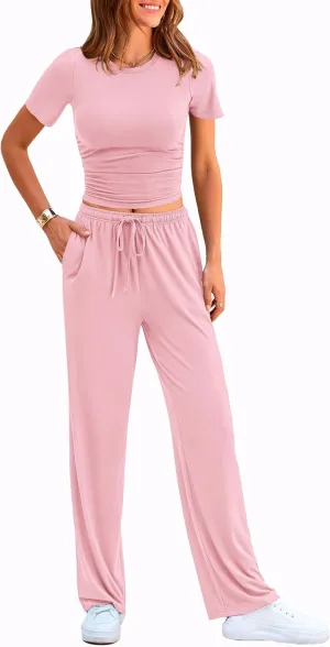 PRETTYGARDEN Women's 2 Piece Outfits Summer Tracksuit Lounge Sets Short Sleeve Crop Tops T Shirts High Waisted Wide Leg Pants