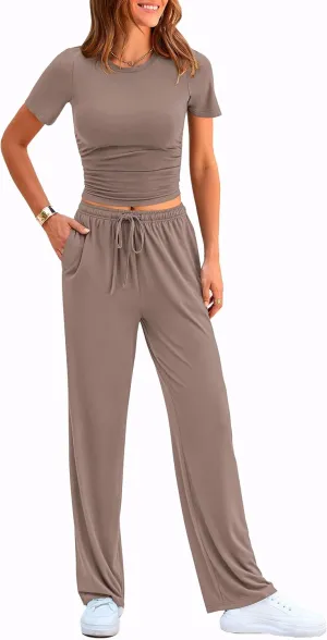 PRETTYGARDEN Women's 2 Piece Outfits Summer Tracksuit Lounge Sets Short Sleeve Crop Tops T Shirts High Waisted Wide Leg Pants