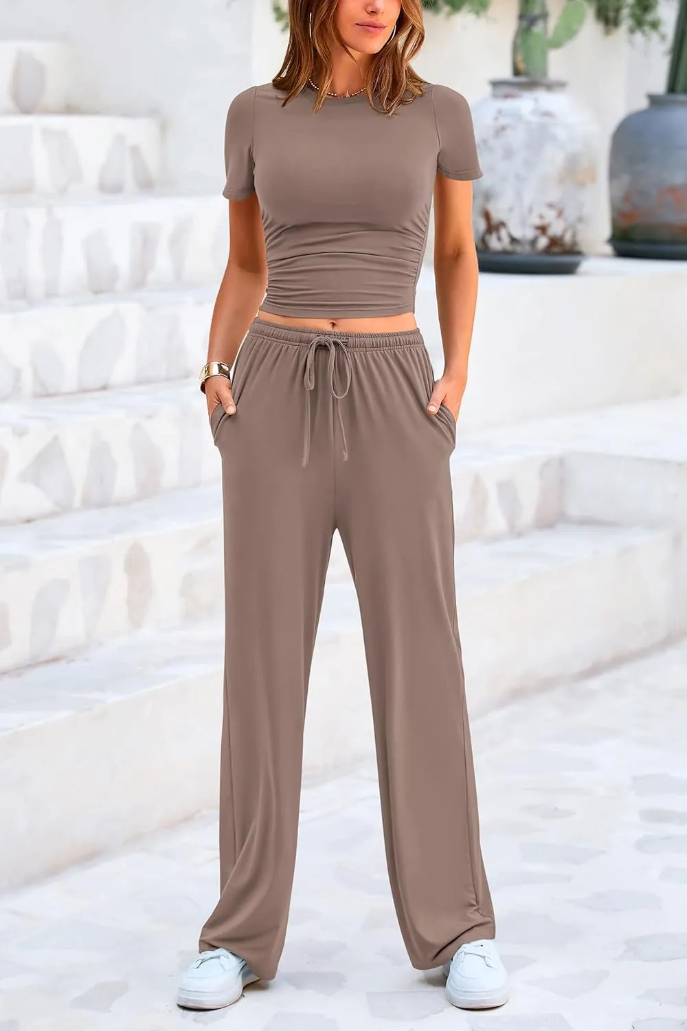 PRETTYGARDEN Women's 2 Piece Outfits Summer Tracksuit Lounge Sets Short Sleeve Crop Tops T Shirts High Waisted Wide Leg Pants