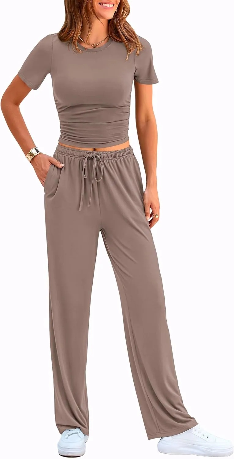 PRETTYGARDEN Women's 2 Piece Outfits Summer Tracksuit Lounge Sets Short Sleeve Crop Tops T Shirts High Waisted Wide Leg Pants