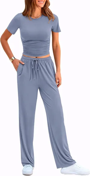 PRETTYGARDEN Women's 2 Piece Outfits Summer Tracksuit Lounge Sets Short Sleeve Crop Tops T Shirts High Waisted Wide Leg Pants
