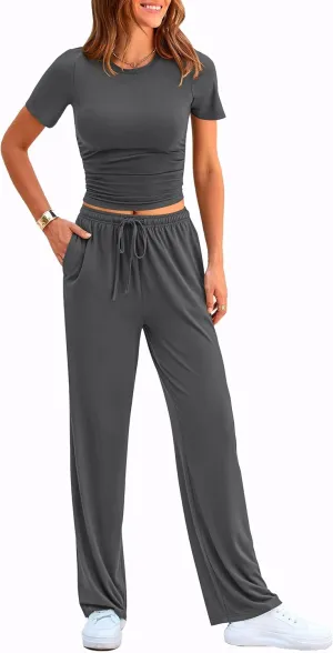 PRETTYGARDEN Women's 2 Piece Outfits Summer Tracksuit Lounge Sets Short Sleeve Crop Tops T Shirts High Waisted Wide Leg Pants