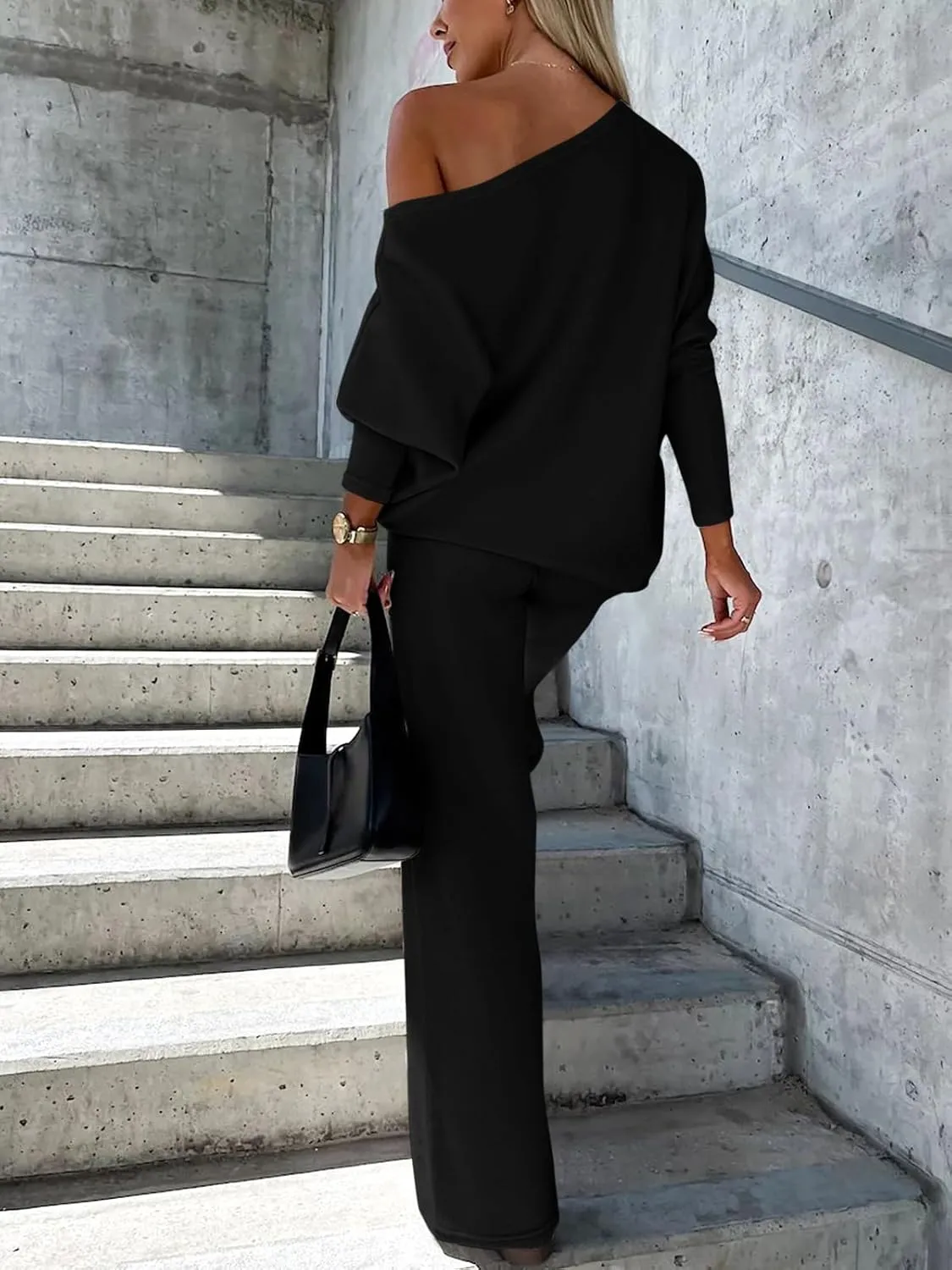 PRETTYGARDEN Womens Fall Fashion 2025 Two Piece Outfits Ribbed Long Sleeve Off Shoulder Tops and Wide Leg Pants with Pockets