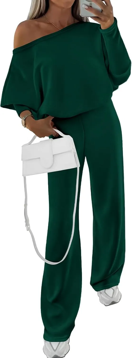 PRETTYGARDEN Womens Fall Fashion 2025 Two Piece Outfits Ribbed Long Sleeve Off Shoulder Tops and Wide Leg Pants with Pockets