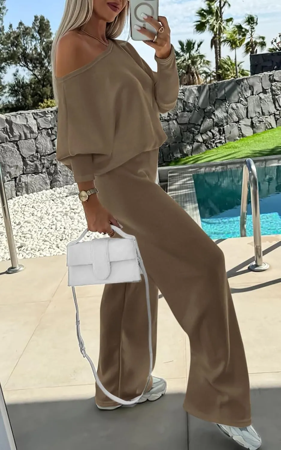 PRETTYGARDEN Womens Fall Fashion 2025 Two Piece Outfits Ribbed Long Sleeve Off Shoulder Tops and Wide Leg Pants with Pockets