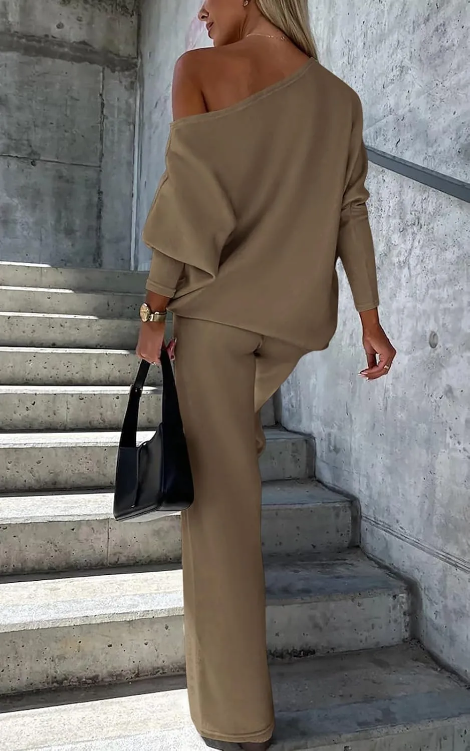 PRETTYGARDEN Womens Fall Fashion 2025 Two Piece Outfits Ribbed Long Sleeve Off Shoulder Tops and Wide Leg Pants with Pockets