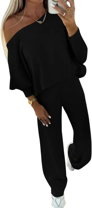 PRETTYGARDEN Womens Fall Fashion 2025 Two Piece Outfits Ribbed Long Sleeve Off Shoulder Tops and Wide Leg Pants with Pockets