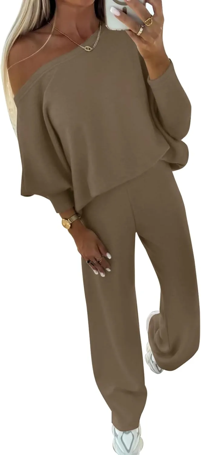 PRETTYGARDEN Womens Fall Fashion 2025 Two Piece Outfits Ribbed Long Sleeve Off Shoulder Tops and Wide Leg Pants with Pockets