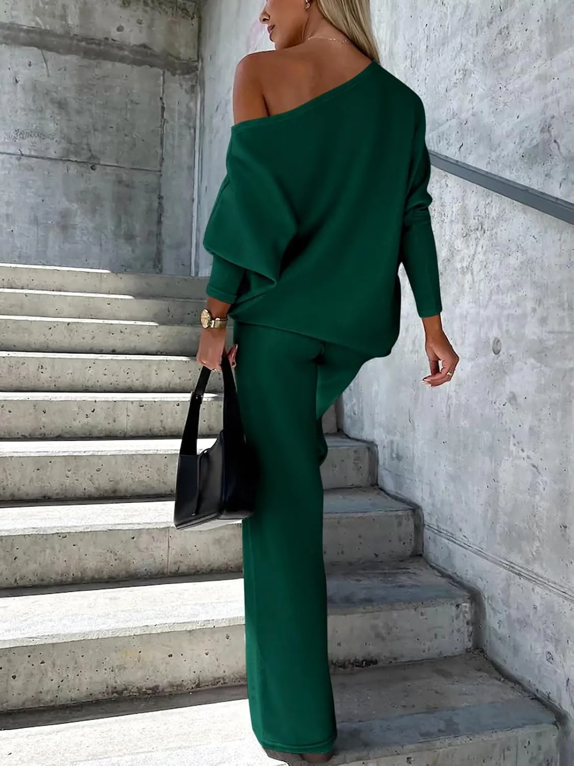 PRETTYGARDEN Womens Fall Fashion 2025 Two Piece Outfits Ribbed Long Sleeve Off Shoulder Tops and Wide Leg Pants with Pockets