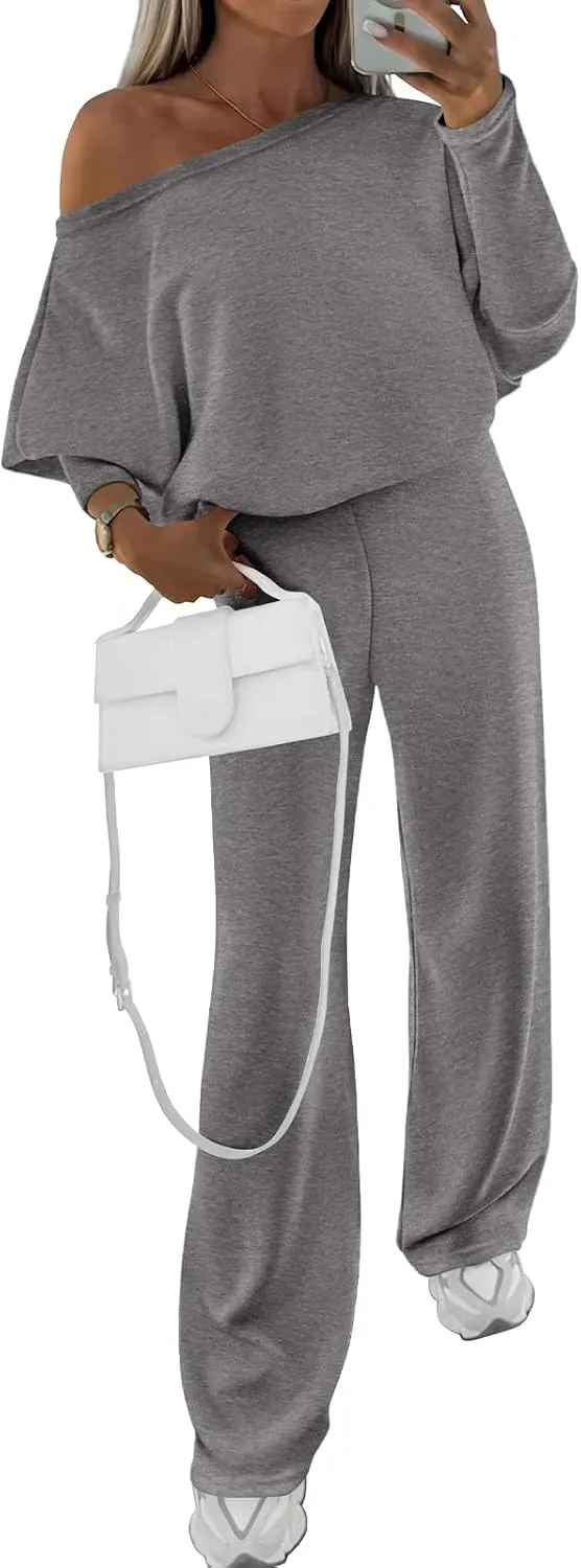 PRETTYGARDEN Womens Fall Fashion 2025 Two Piece Outfits Ribbed Long Sleeve Off Shoulder Tops and Wide Leg Pants with Pockets