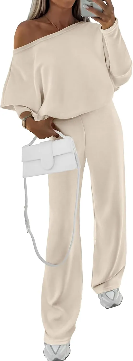 PRETTYGARDEN Womens Fall Fashion 2025 Two Piece Outfits Ribbed Long Sleeve Off Shoulder Tops and Wide Leg Pants with Pockets