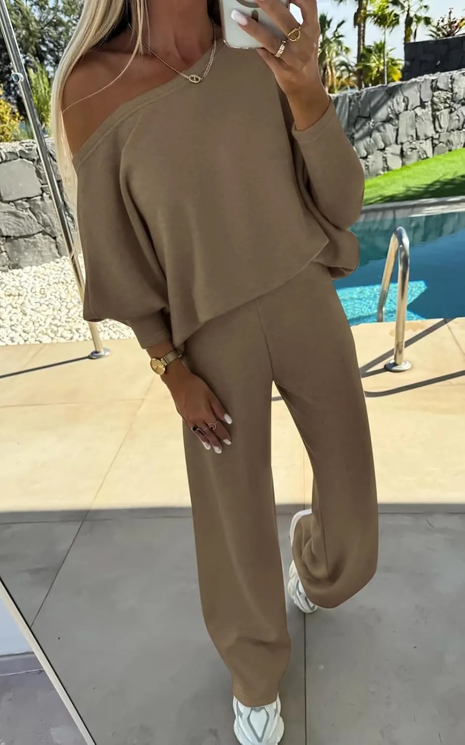 PRETTYGARDEN Womens Fall Fashion 2025 Two Piece Outfits Ribbed Long Sleeve Off Shoulder Tops and Wide Leg Pants with Pockets
