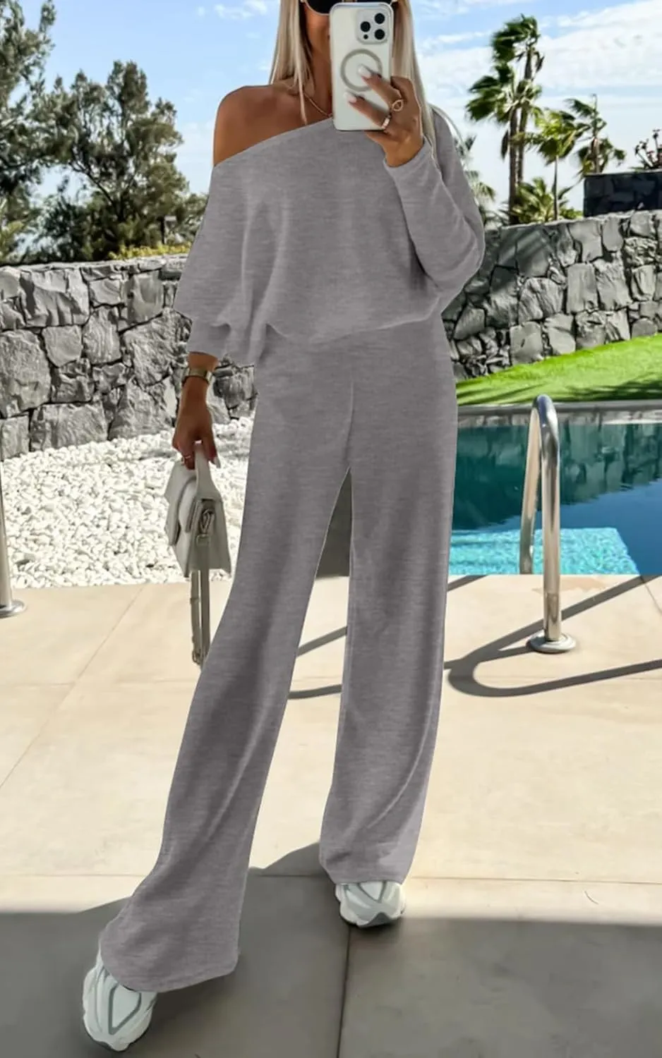 PRETTYGARDEN Womens Fall Fashion 2025 Two Piece Outfits Ribbed Long Sleeve Off Shoulder Tops and Wide Leg Pants with Pockets