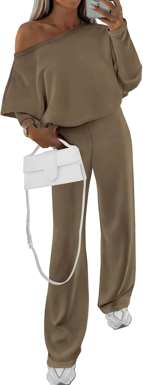 PRETTYGARDEN Womens Fall Fashion 2025 Two Piece Outfits Ribbed Long Sleeve Off Shoulder Tops and Wide Leg Pants with Pockets