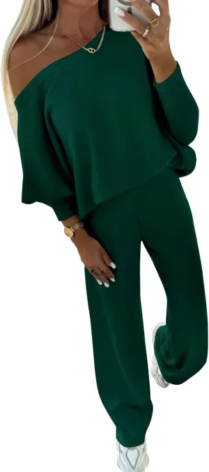 PRETTYGARDEN Womens Fall Fashion 2025 Two Piece Outfits Ribbed Long Sleeve Off Shoulder Tops and Wide Leg Pants with Pockets
