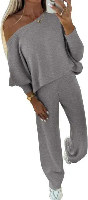 PRETTYGARDEN Womens Fall Fashion 2025 Two Piece Outfits Ribbed Long Sleeve Off Shoulder Tops and Wide Leg Pants with Pockets