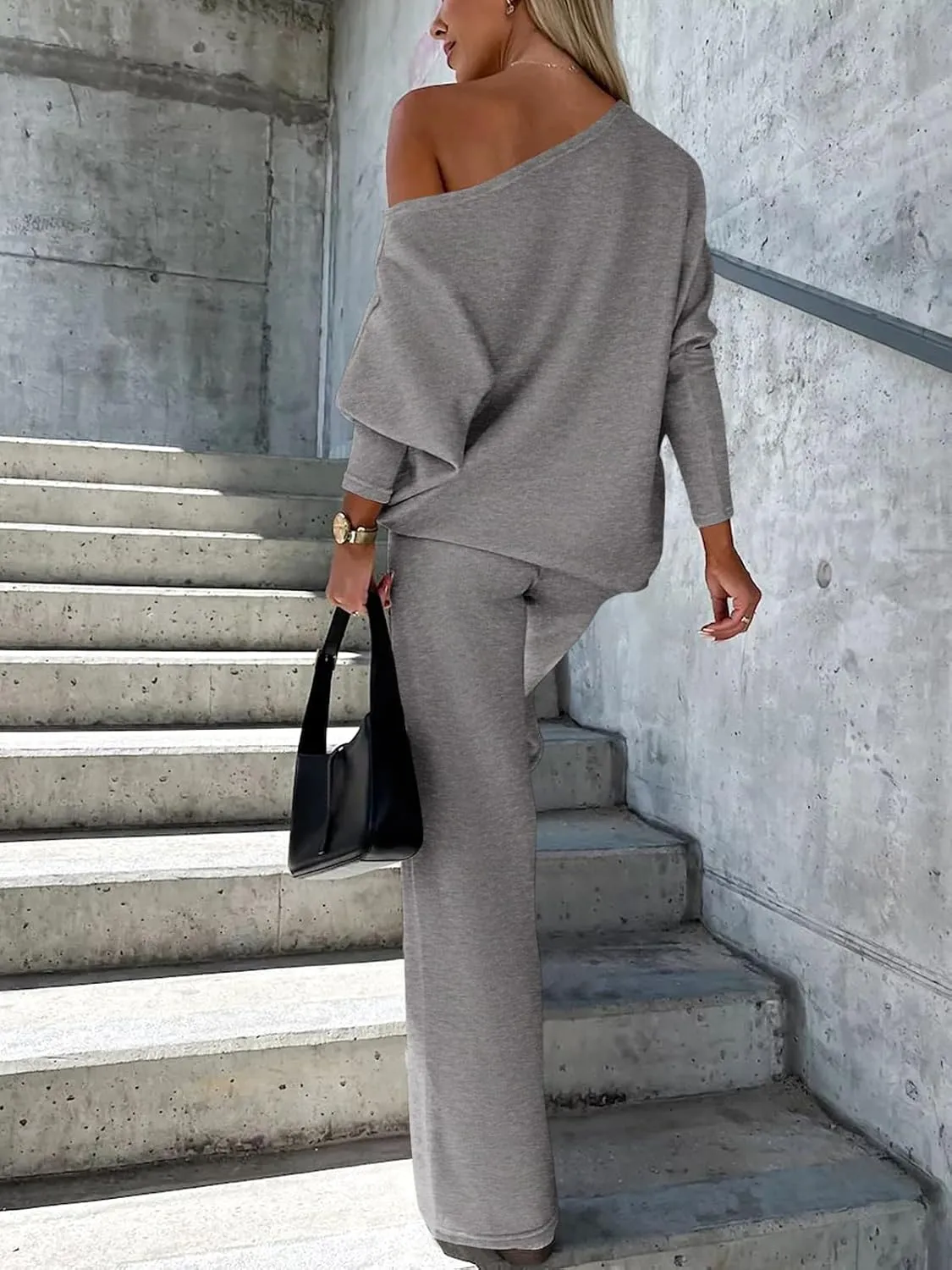 PRETTYGARDEN Womens Fall Fashion 2025 Two Piece Outfits Ribbed Long Sleeve Off Shoulder Tops and Wide Leg Pants with Pockets