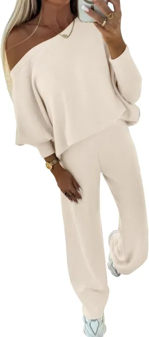 PRETTYGARDEN Womens Fall Fashion 2025 Two Piece Outfits Ribbed Long Sleeve Off Shoulder Tops and Wide Leg Pants with Pockets