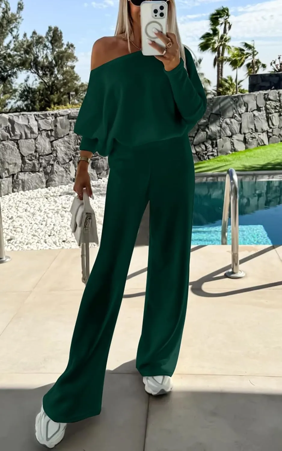 PRETTYGARDEN Womens Fall Fashion 2025 Two Piece Outfits Ribbed Long Sleeve Off Shoulder Tops and Wide Leg Pants with Pockets