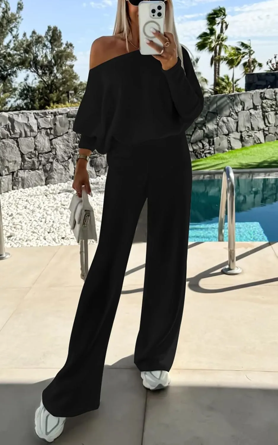 PRETTYGARDEN Womens Fall Fashion 2025 Two Piece Outfits Ribbed Long Sleeve Off Shoulder Tops and Wide Leg Pants with Pockets