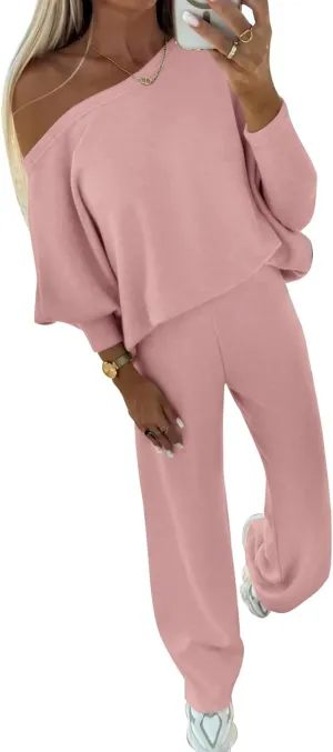 PRETTYGARDEN Womens Fall Fashion 2025 Two Piece Outfits Ribbed Long Sleeve Off Shoulder Tops and Wide Leg Pants with Pockets