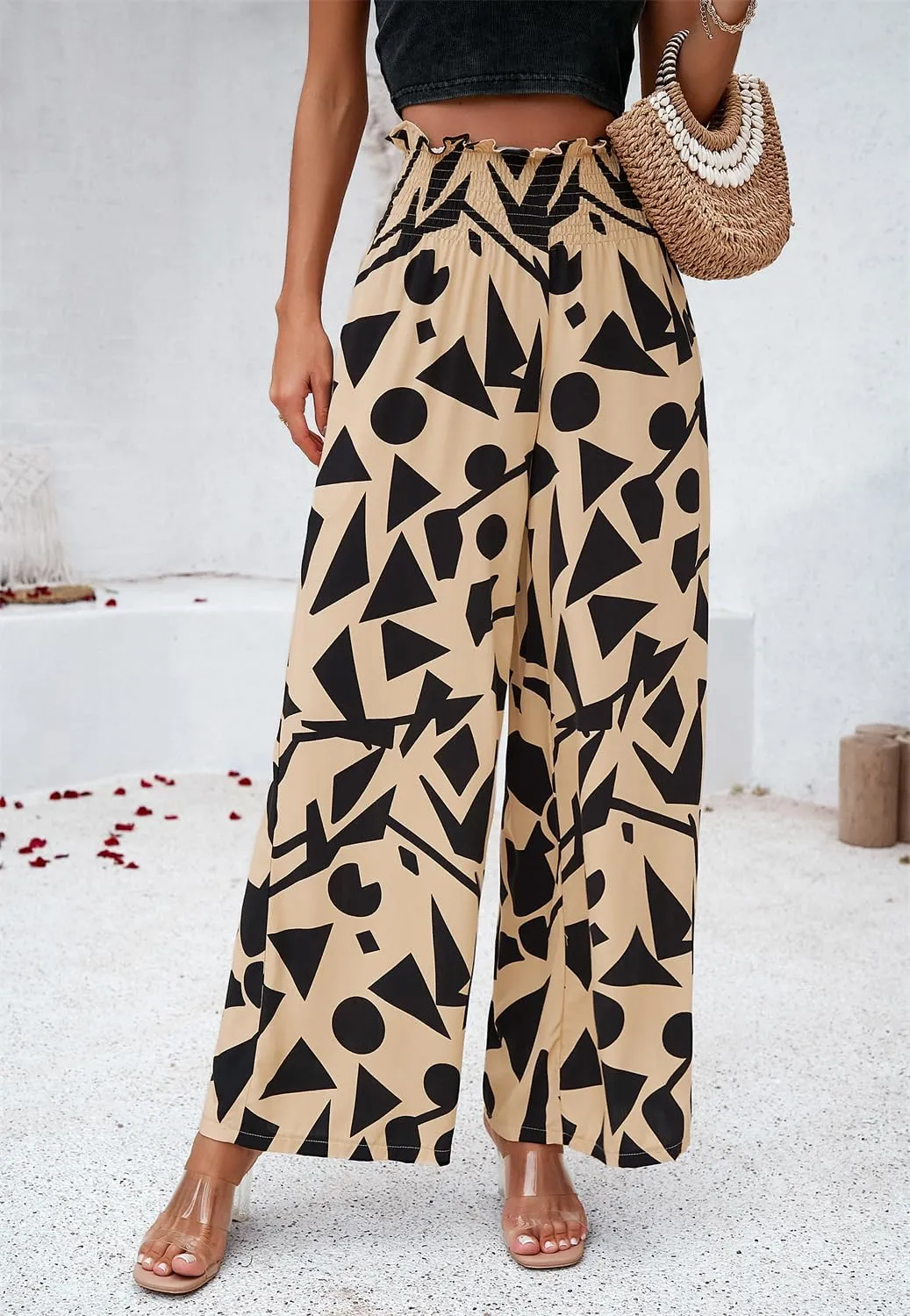 QegarTop Women's Linen Summer Palazzo Pants 2024 Flowy Wide Leg Beach Boho Trousers with Pockets