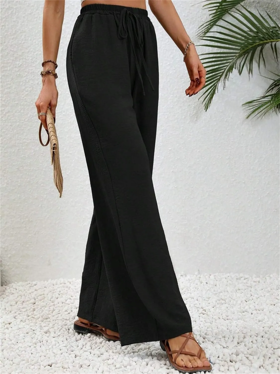 QegarTop Women's Linen Summer Palazzo Pants 2024 Flowy Wide Leg Beach Boho Trousers with Pockets